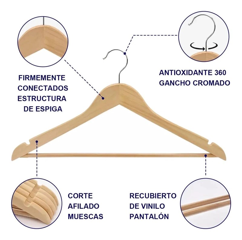 SET DE 50 COLGADORES DE MADERA CON GANCHO ANTIDESLIZANTE PARA ROPA - 5