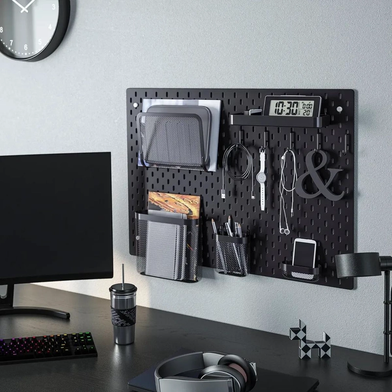 SET DE 3 CESTOS ORGANIZADORES DE PARED EN METAL BLANCO Y NEGRO 24X21 CM - 5
