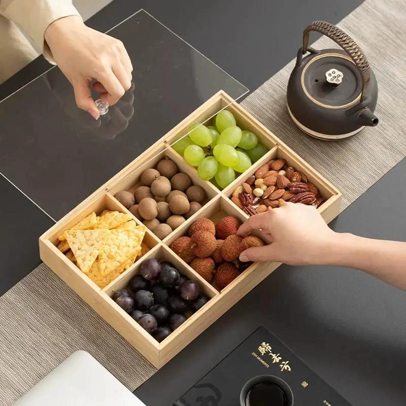 BANDEJA DE BAMBU CON COMPARTIMIENTO Y TAPA ACRILICA PARA ORGANIZACION - 3