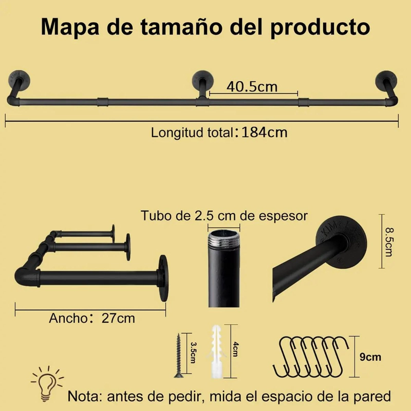 PERCHERO DE PARED DE METAL DE 184 CM CON ESTANTE MULTIUSOS PARA ROPA - 2