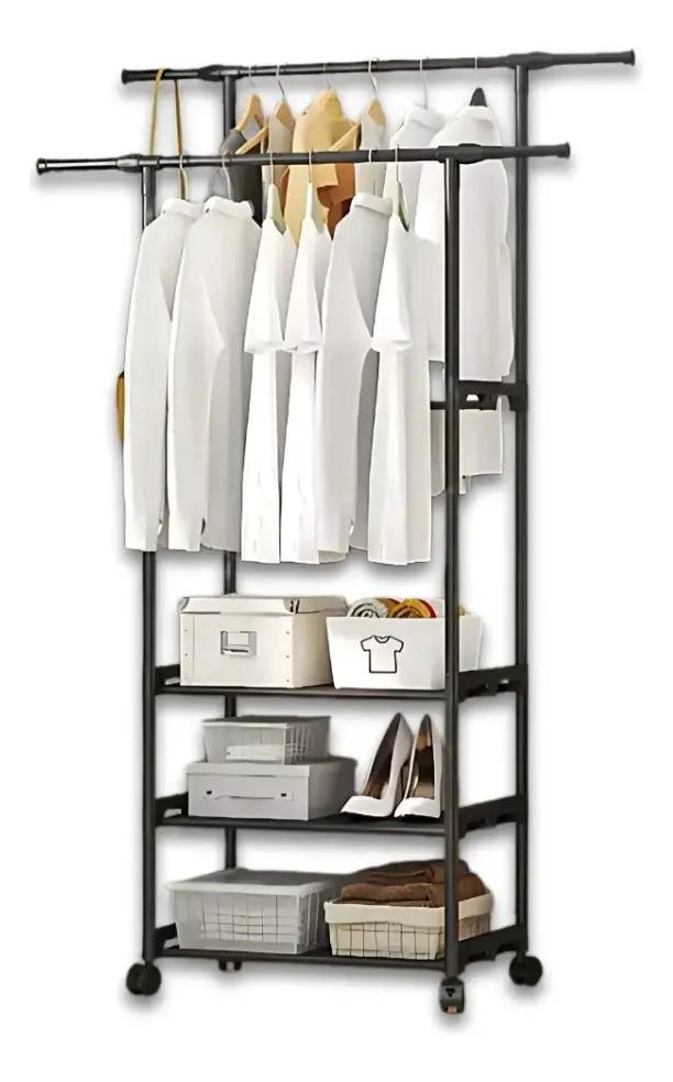 RACK ORGANIZADOR DOBLE PORTATIL PARA ROPA CON PERCHERO Y GANCHOS - 1