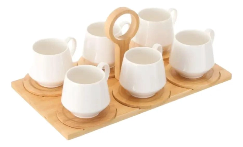 JUEGO DE 6 TAZAS DE CERAMICA PARA CAFE  CON BANDEJA DE BAMBU - 1