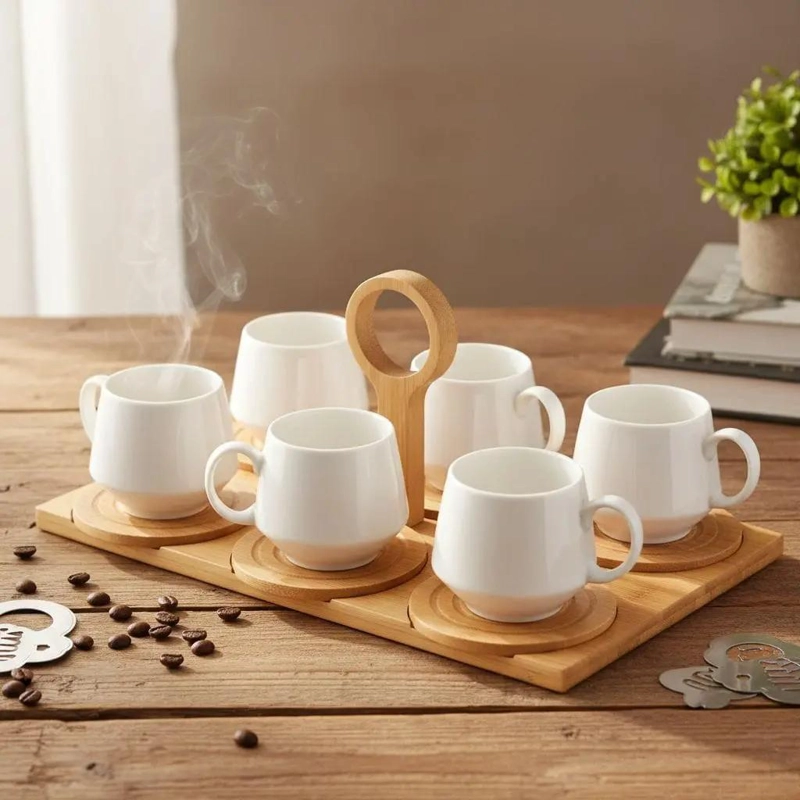JUEGO DE 6 TAZAS DE CERAMICA PARA CAFE  CON BANDEJA DE BAMBU - 2