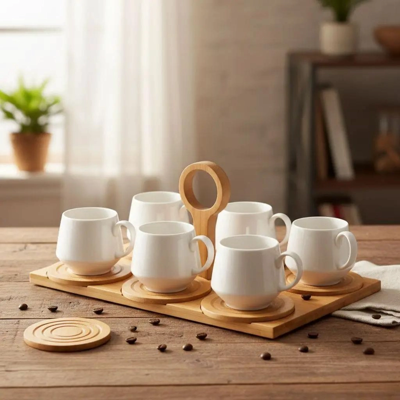 JUEGO DE 6 TAZAS DE CERAMICA PARA CAFE  CON BANDEJA DE BAMBU - 3
