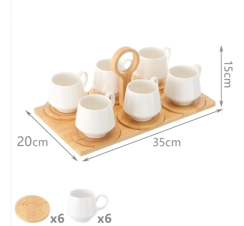 JUEGO DE 6 TAZAS DE CERAMICA PARA CAFE  CON BANDEJA DE BAMBU - 4