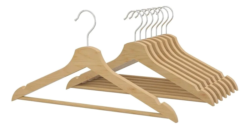 SET DE 8 COLGADORES DE MADERA MACIZA NATURAL PARA ROPA DE 43 CM - 1