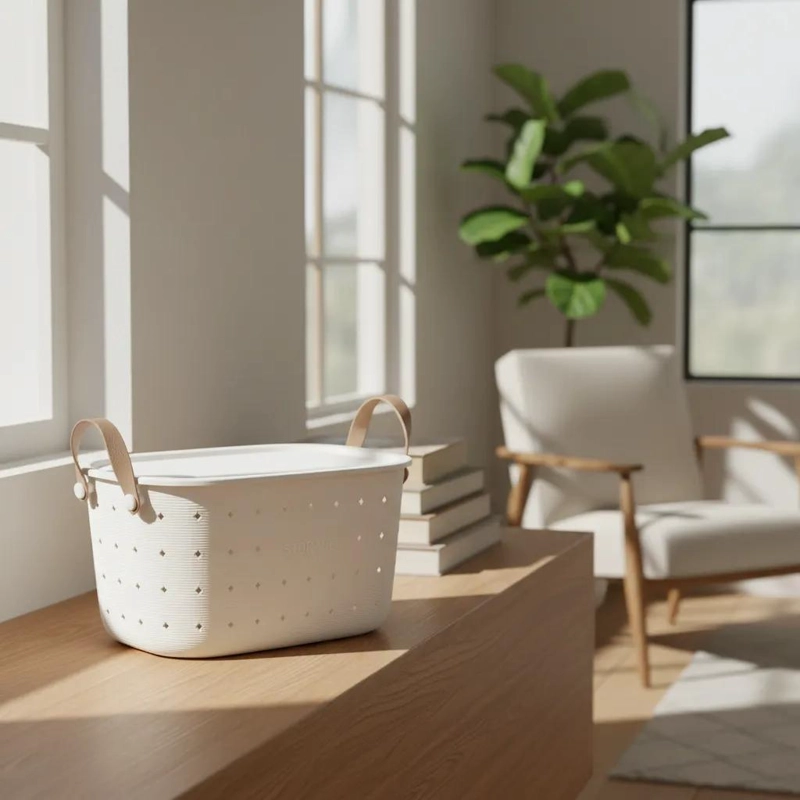 CANASTO ORGANIZADOR PLASTICO BLANCO CON ASAS RESISTENTES DE CUERO - 1