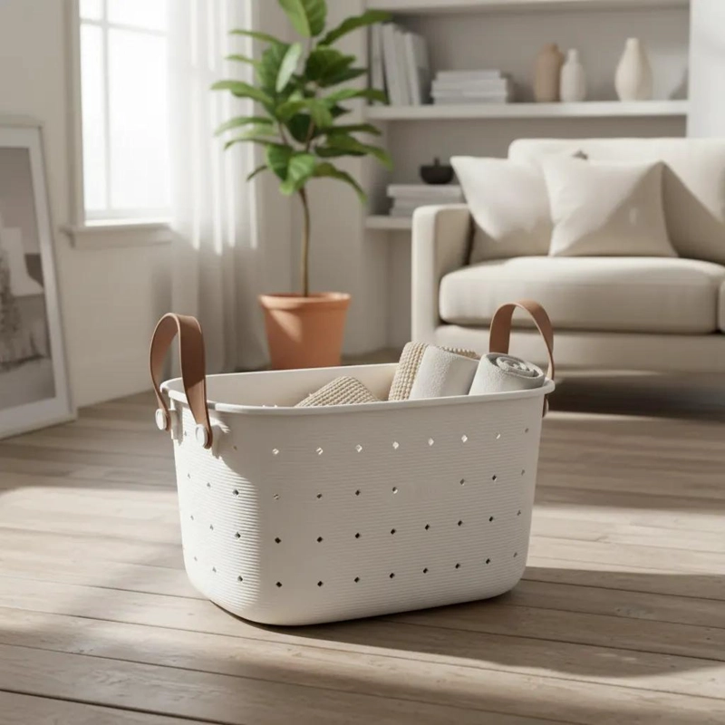 CANASTO ORGANIZADOR PLASTICO BLANCO CON ASAS RESISTENTES DE CUERO - 2