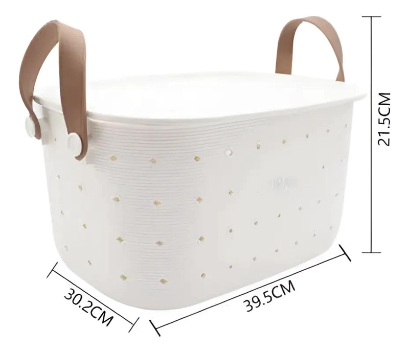 CANASTO ORGANIZADOR PLASTICO BLANCO CON ASAS RESISTENTES DE CUERO - 3