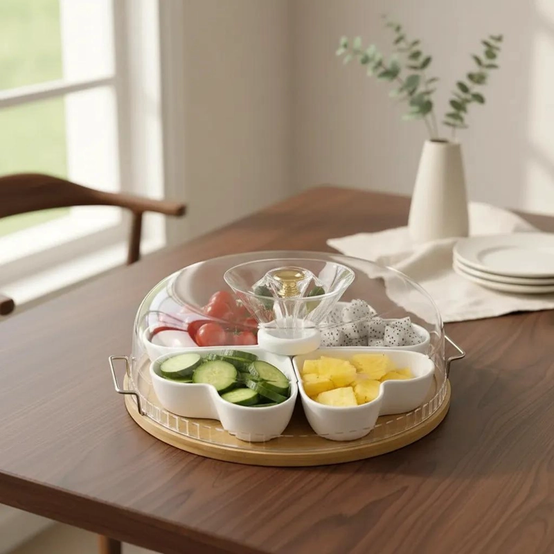 BANDEJA FRUTERA GIRATORIA CON TAPA PARA SNACKS Y FRUTAS SECAS - 1