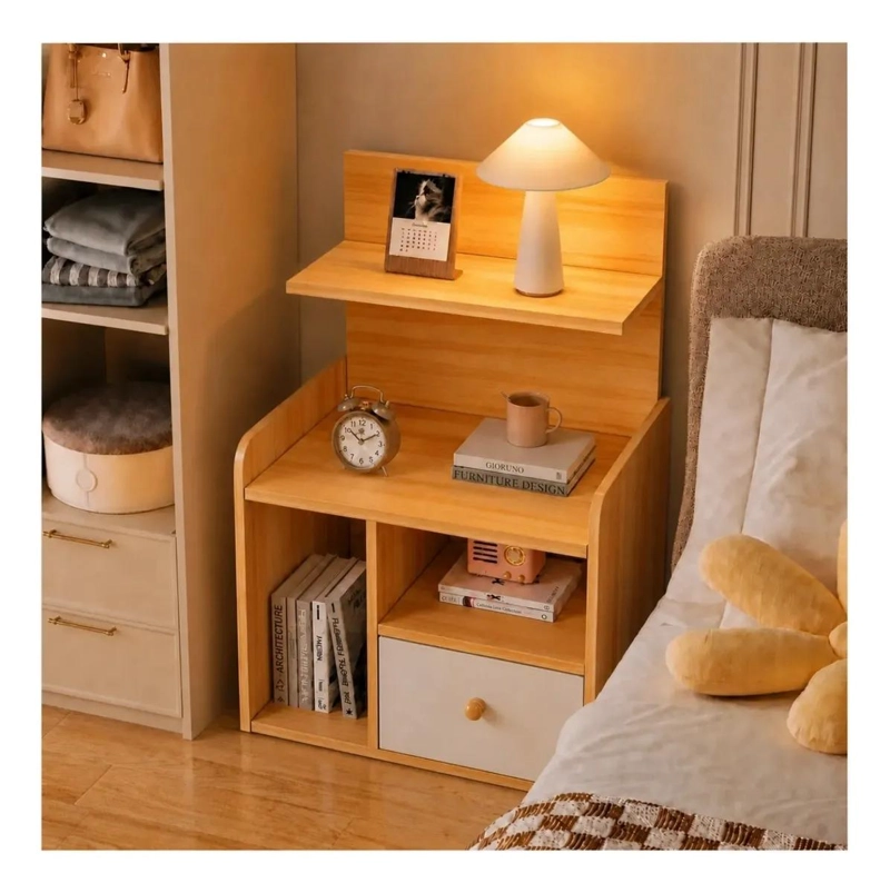GENÉRICO VELADOR CON CAJONES DE MDF COLOR NOGAL PARA DORMITORIO