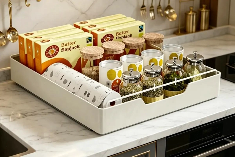 ORGANIZADOR DE COCINA CON REPISA EXTRAIBLE Y BANDEJA DESPLEGABLE PARA OPTIMIZAR - 4