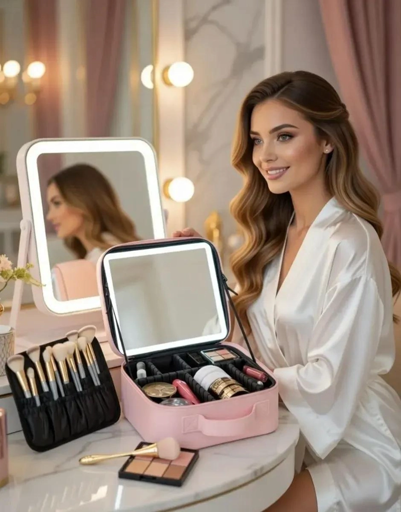 ESTUCHE ORGANIZADOR PARA MAQUILLAJE CON ESPEJO Y LUZ LED INTEGRADA - 3