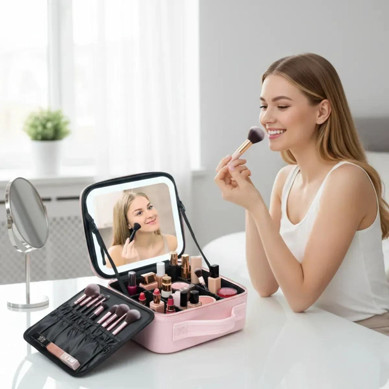 ESTUCHE ORGANIZADOR PARA MAQUILLAJE CON ESPEJO Y LUZ LED INTEGRADA - 4