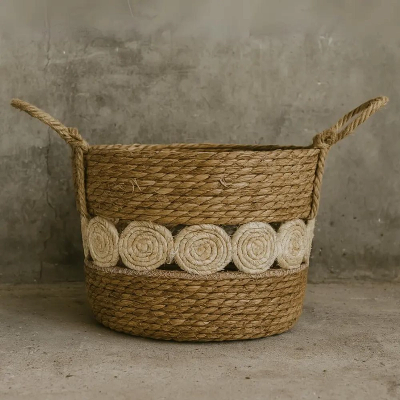 CANASTO DE YUTE CON DISEÑO DE CIRCULOS TEJIDO ESTILO RUSTICO GRANDE - 2
