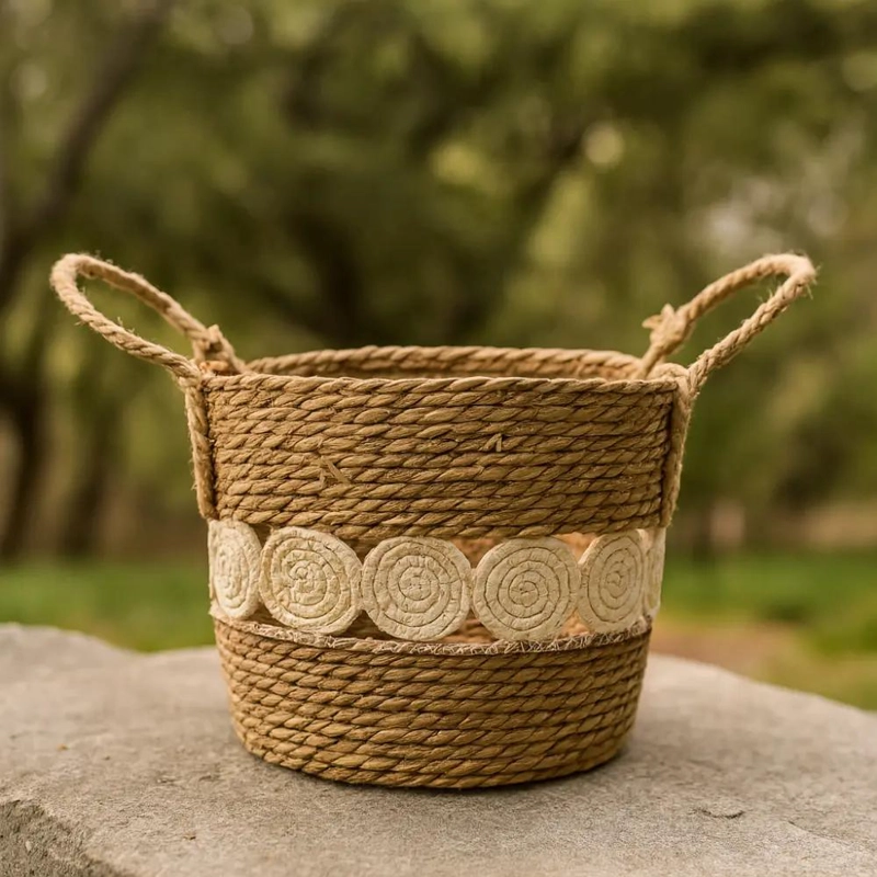 CANASTO DE YUTE CON DISEÑO DE CIRCULOS TEJIDO ESTILO RUSTICO GRANDE - 3