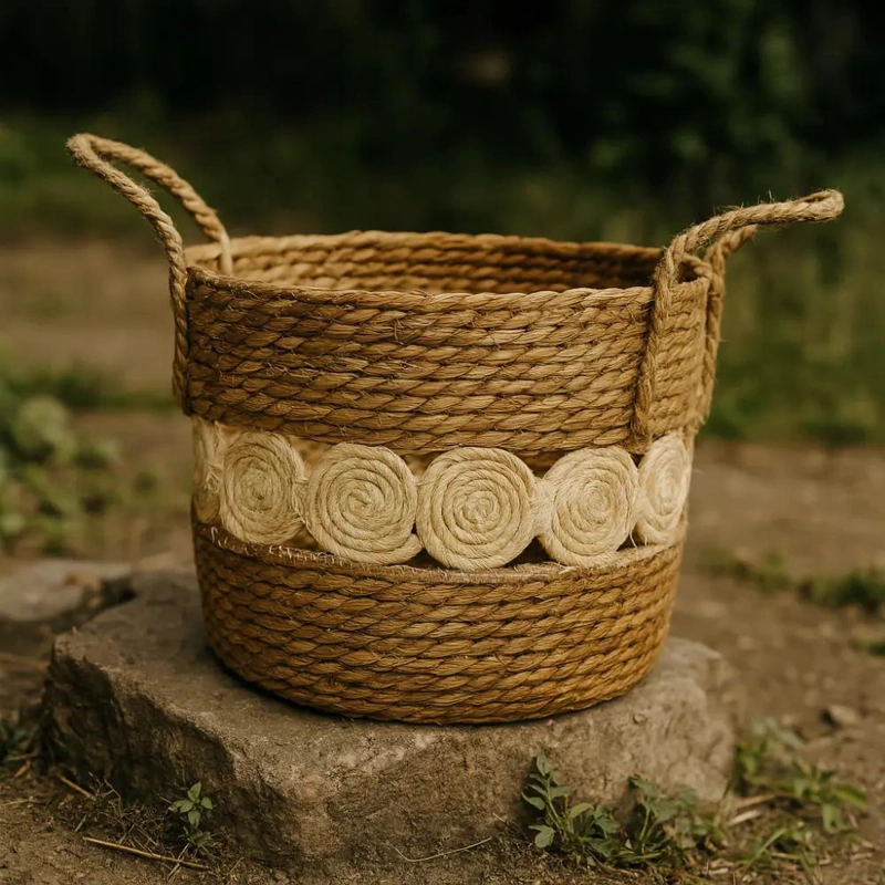CANASTO DE YUTE CON DISEÑO DE CIRCULOS TEJIDO ESTILO RUSTICO GRANDE - 4