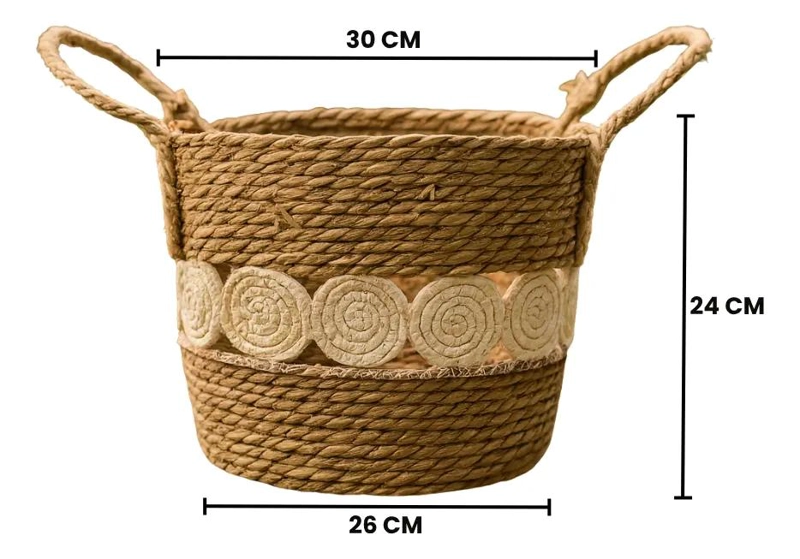 CANASTO DE YUTE CON DISEÑO DE CIRCULOS TEJIDO ESTILO RUSTICO GRANDE - 5