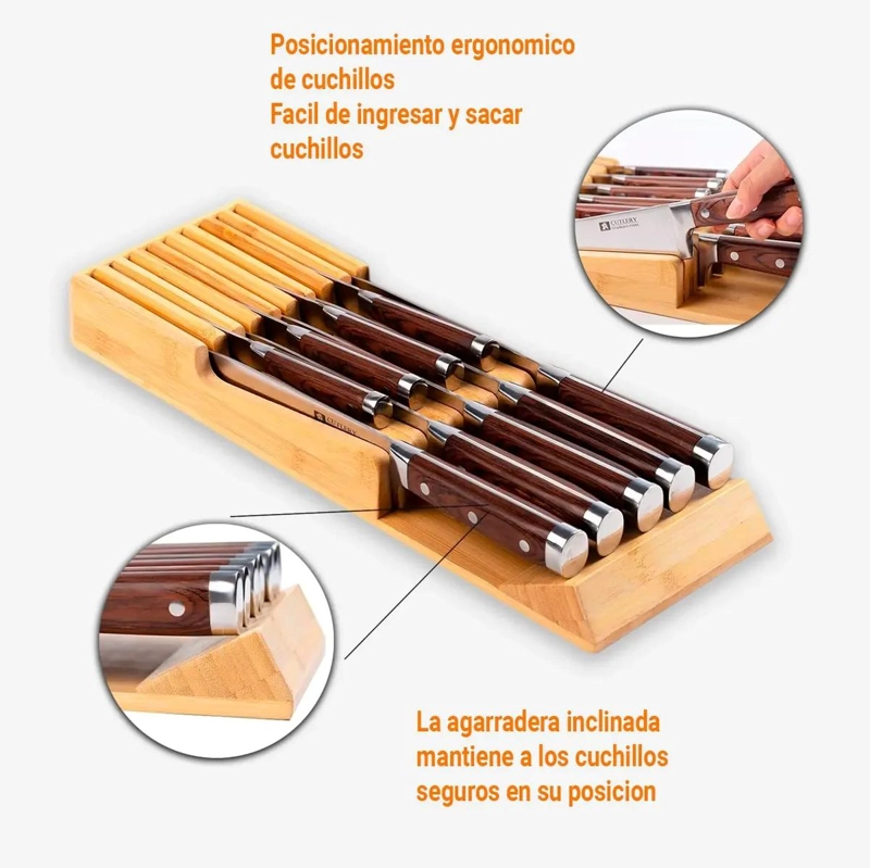 ORGANIZADOR DE CUCHILLOS PARA CAJONES DE COCINA EN BAMBU NATURAL - 4