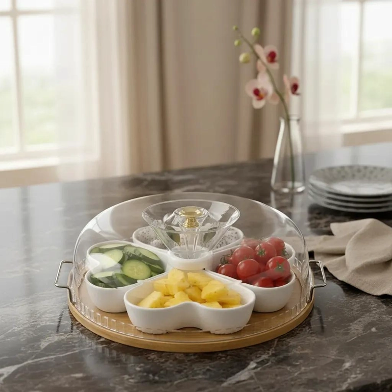 BANDEJA GIRATORIA CON TAPA PARA SNACKS Y FRUTAS SECAS - 1