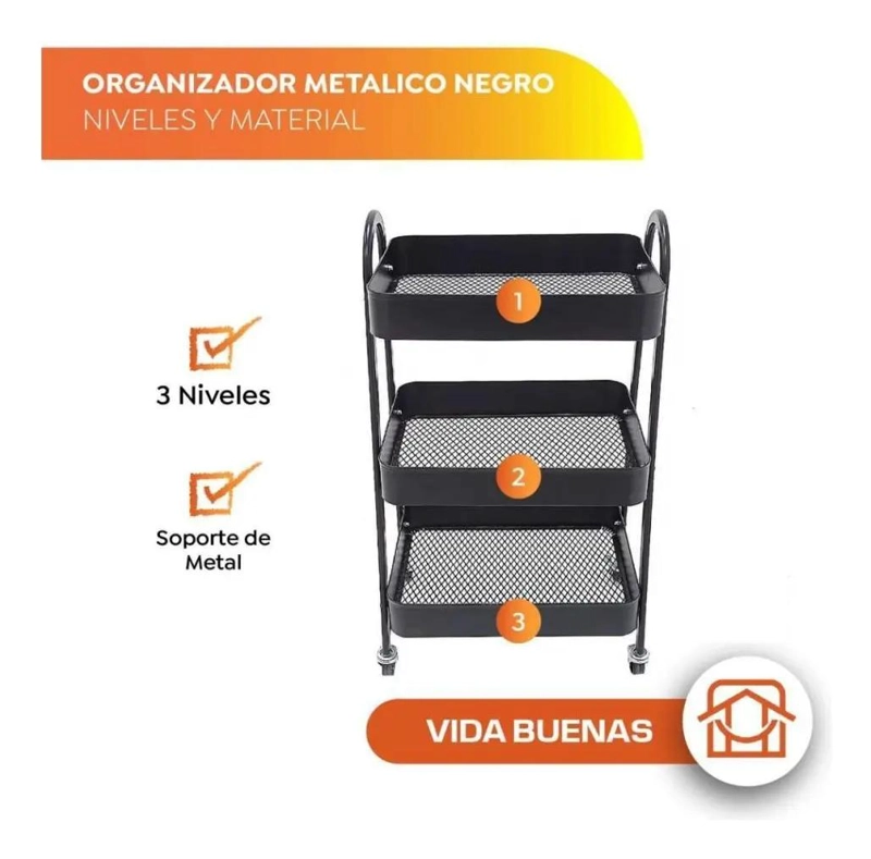 ORGANIZADOR METALICO CON RUEDAS PARA HOGAR COLOR NEGRO FUNCIONAL - 3