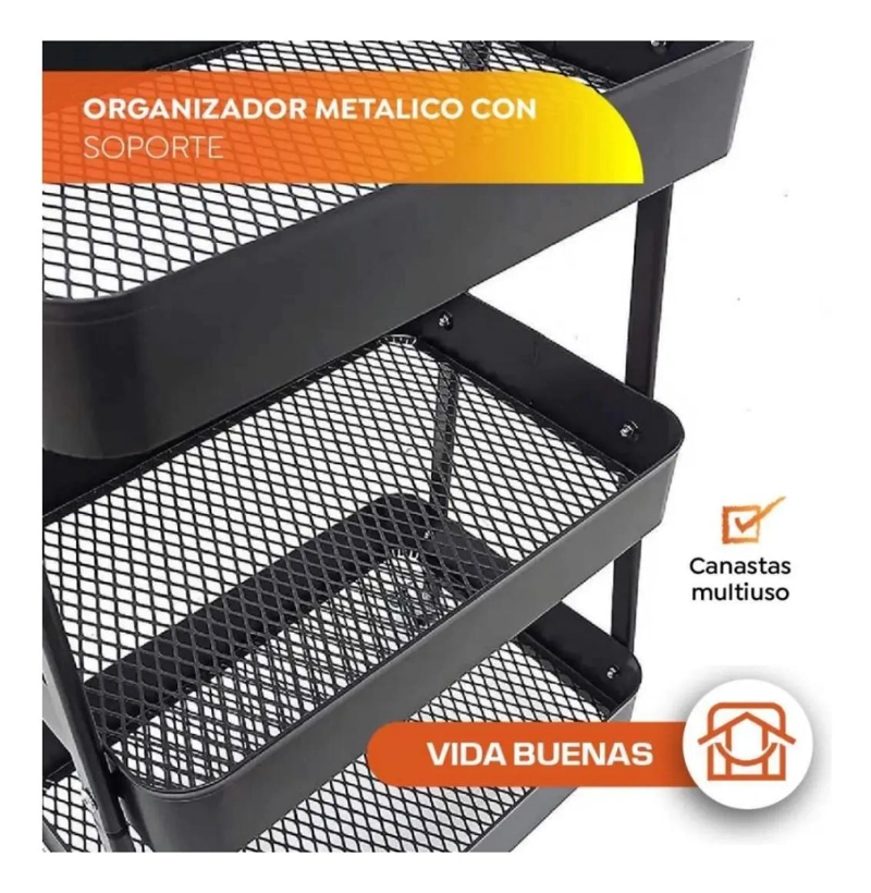 ORGANIZADOR METALICO CON RUEDAS PARA HOGAR COLOR NEGRO FUNCIONAL - 4