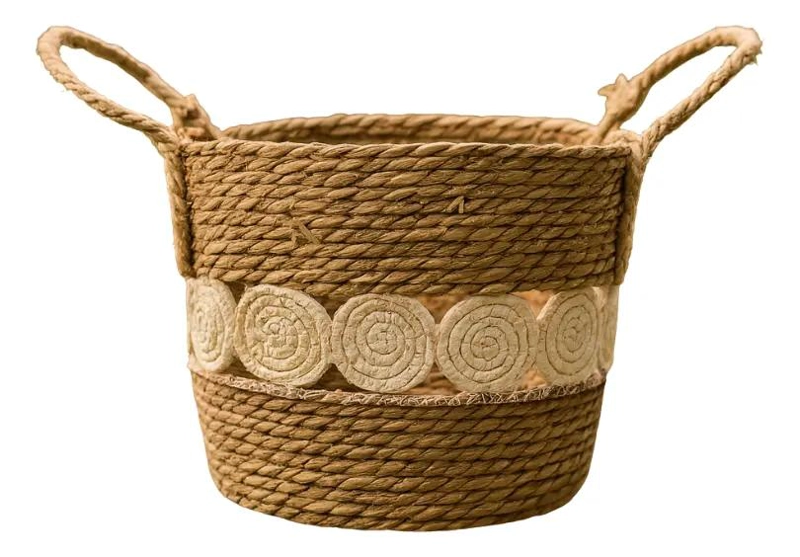CANASTO DE YUTE TEJIDO CON DISEÑO DE CIRCULOS ESTILO RUSTICO - 1