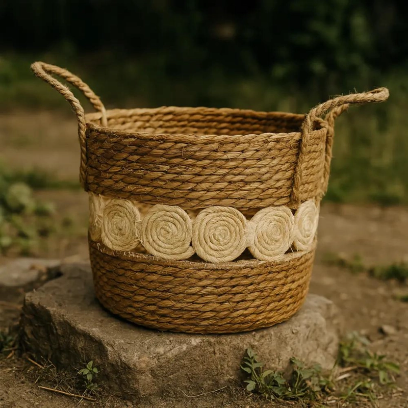 CANASTO DE YUTE TEJIDO CON DISEÑO DE CIRCULOS ESTILO RUSTICO - 3
