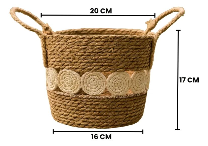 CANASTO DE YUTE TEJIDO CON DISEÑO DE CIRCULOS ESTILO RUSTICO - 5
