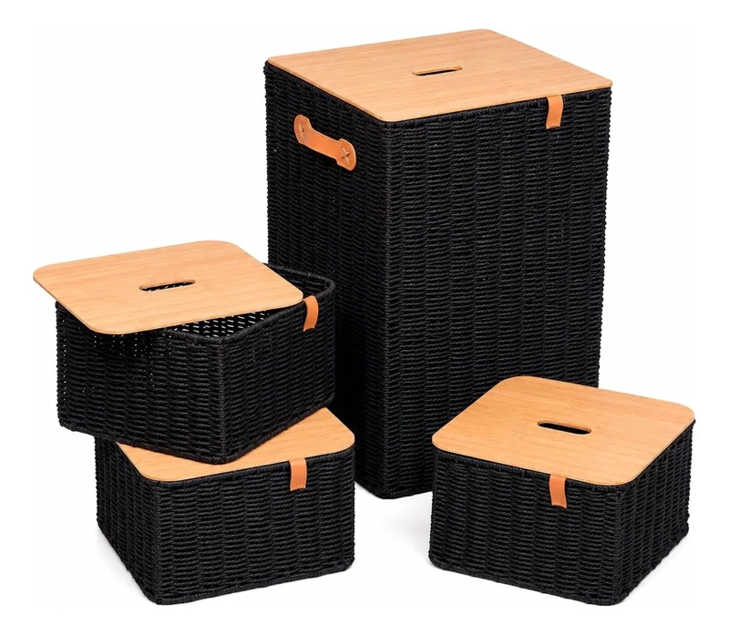 SET DE 4 CANASTOS ORGANIZADORES CON TAPA DE MADERA PARA ROPA - 1