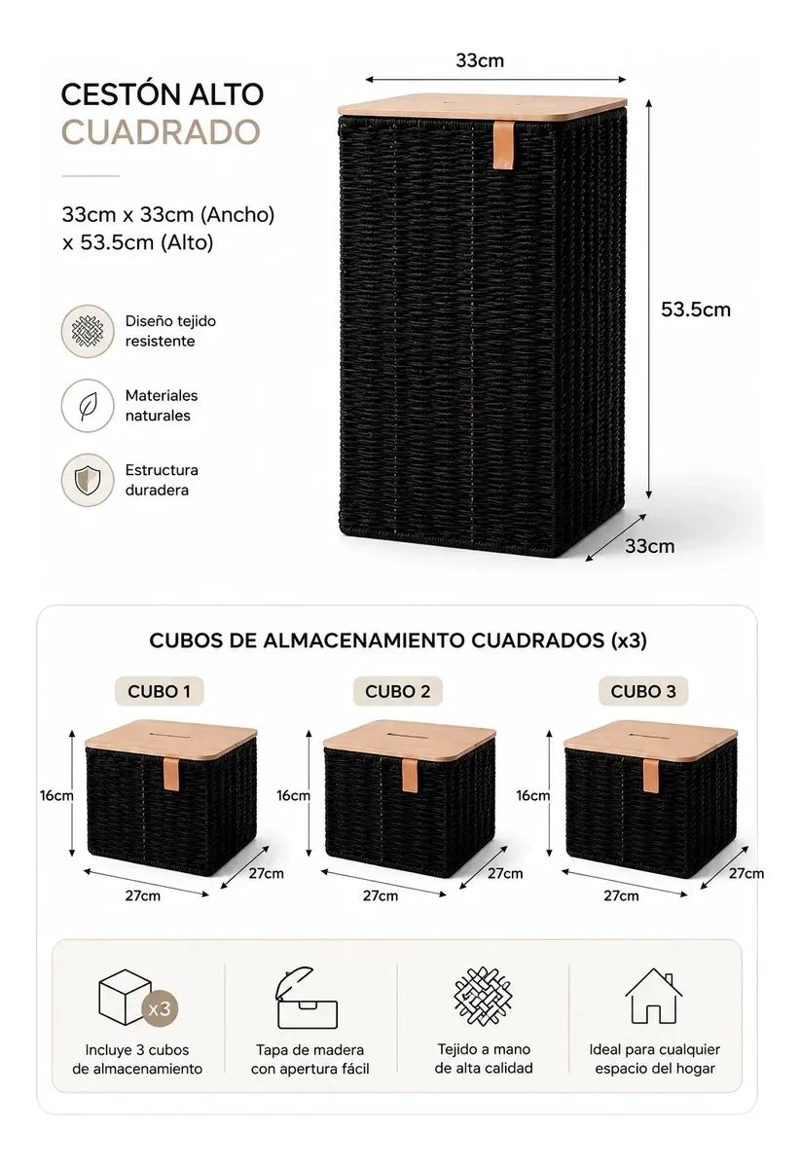 SET DE 4 CANASTOS ORGANIZADORES CON TAPA DE MADERA PARA ROPA - 3