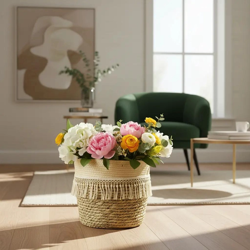 CESTA DE MIMBRE TEJIDA PARA ALMACENAMIENTO CON DISEÑO DE FLORES Y PLANTAS 20X20 - 1