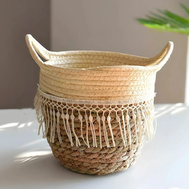 CESTA DE MIMBRE TEJIDA PARA ALMACENAMIENTO CON DISEÑO DE FLORES Y PLANTAS 20X20 - 4