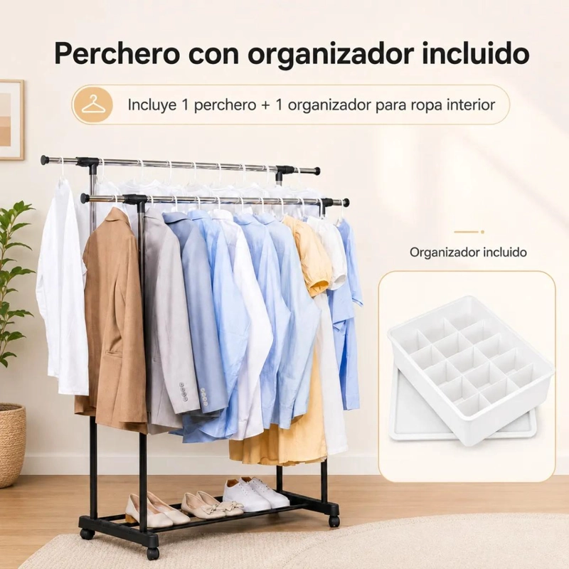 PERCHERO METALICO CON RUEDAS PARA ORGANIZAR ROPA Y ACCESORIOS - 3