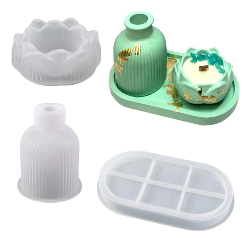 SET DE MOLDES DE SILICONA PARA JARRONES Y PORTAVELAS CON BANDEJA OVALADA - 1