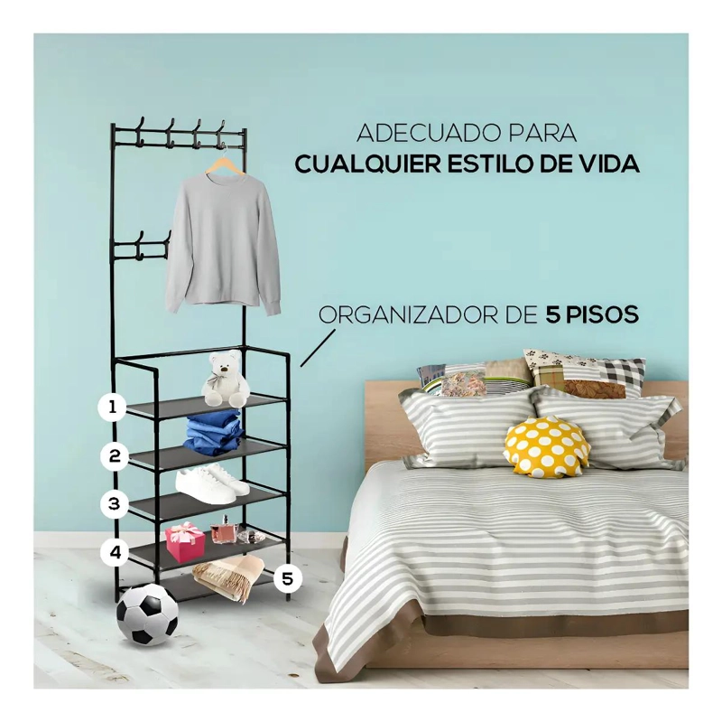 ZAPATERO METALICO DE 5 NIVELES CON PERCHERO Y ORGANIZADOR - 4
