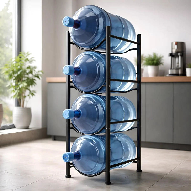 ESTANTE ORGANIZADOR PARA BOTELLONES DE AGUA DE 20 LITROS CON 4 BASES NEGRAS - 1