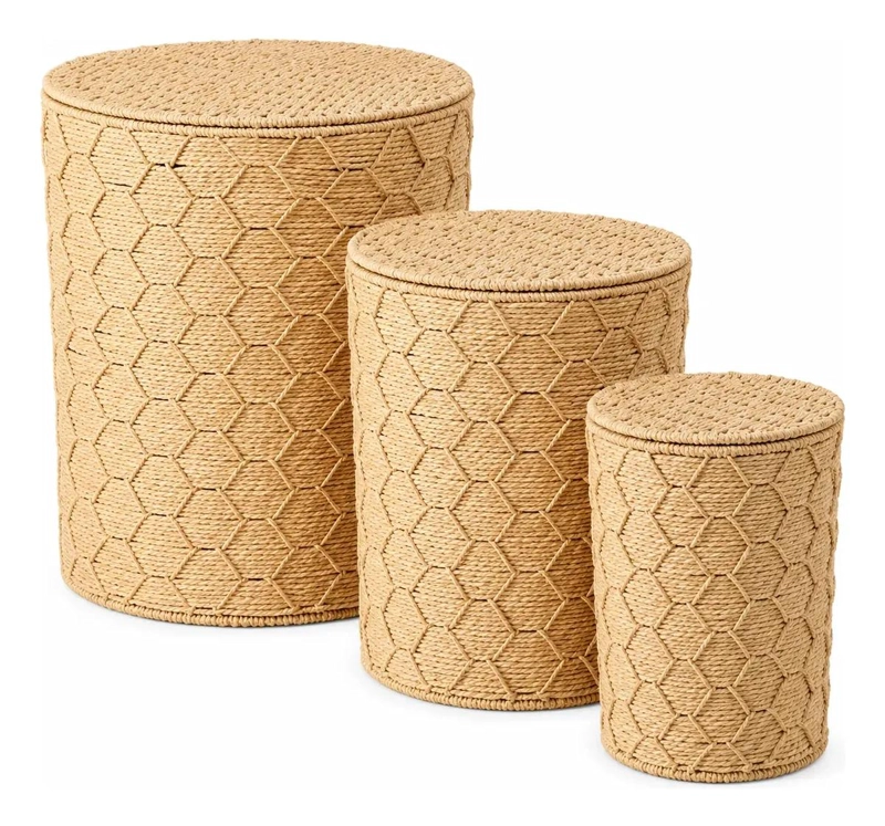 SET DE 3 CANASTOS ORGANIZADORES CON TAPA EN FIBRA NATURAL ESTILO BOHEMIO - 1
