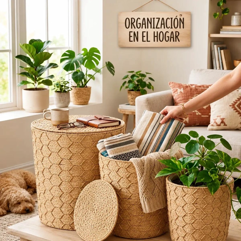 SET DE 3 CANASTOS ORGANIZADORES CON TAPA EN FIBRA NATURAL ESTILO BOHEMIO - 3