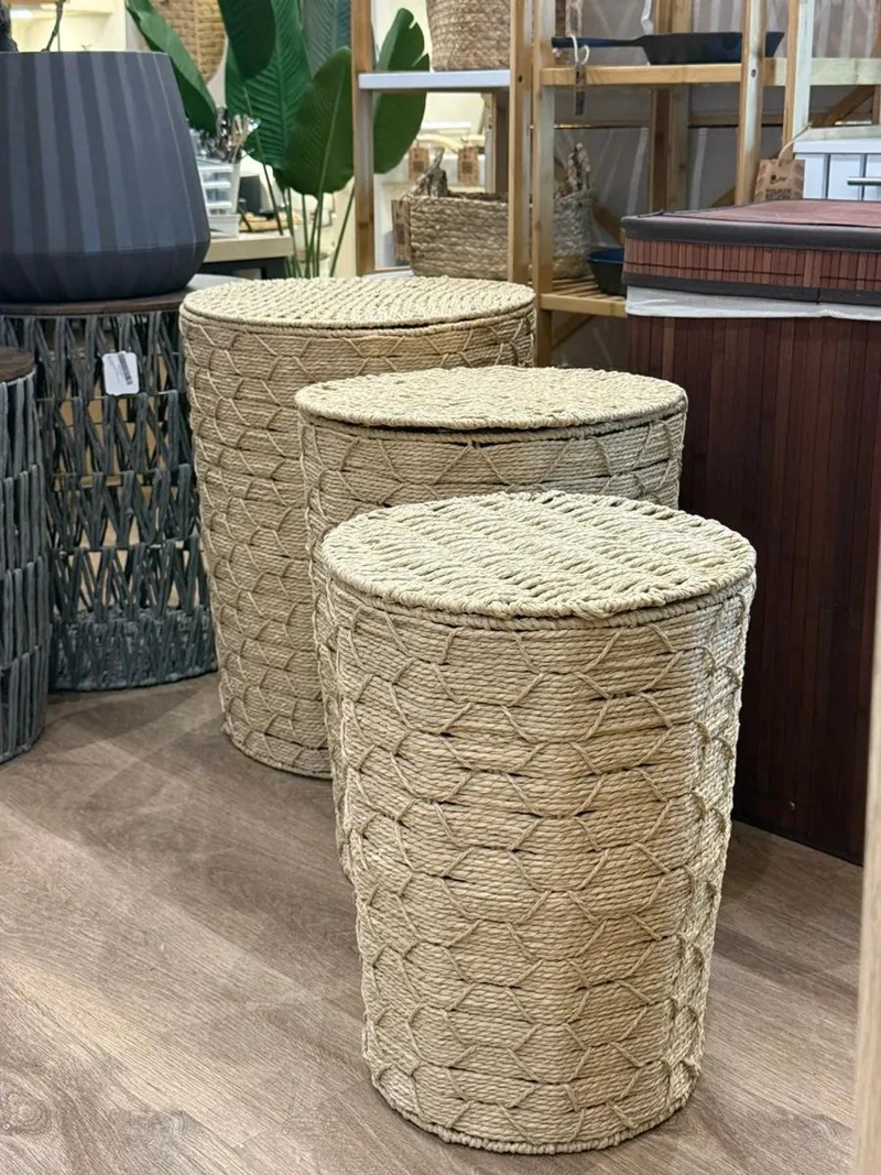 SET DE 3 CANASTOS ORGANIZADORES CON TAPA EN FIBRA NATURAL ESTILO BOHEMIO - 5
