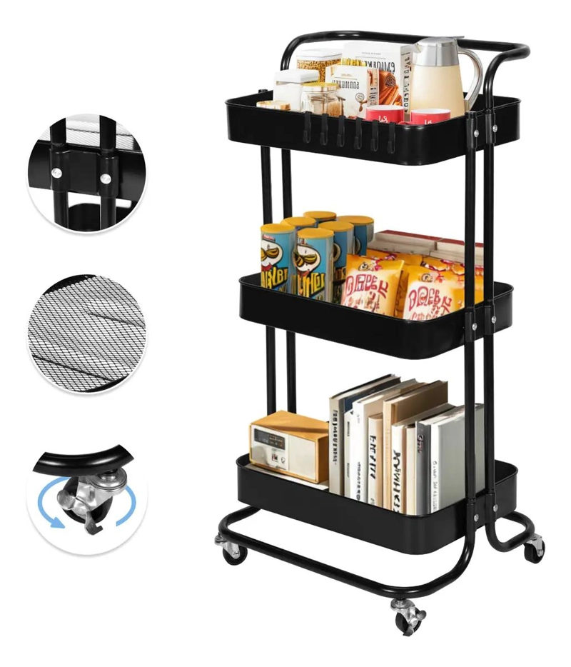 CARRITO ORGANIZADOR METALICO CON ASA Y RUEDAS DE 3 NIVELES NEGRO - 1