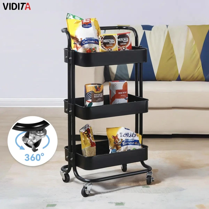 CARRITO ORGANIZADOR METALICO CON ASA Y RUEDAS DE 3 NIVELES NEGRO - 4