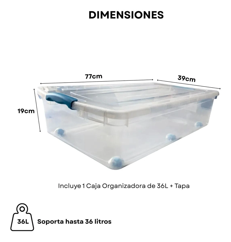 CAJA PLASTICA ORGANIZADORA CON TAPA Y RUEDAS PARA ALMACENAMIENTO BAJO CAMA 36L - 2