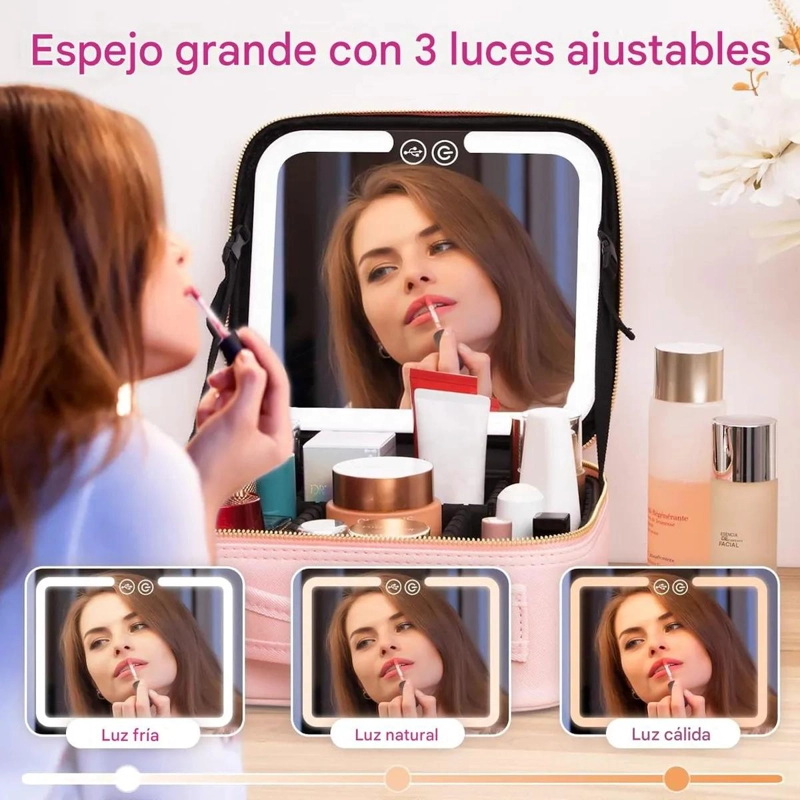 BOLSO ORGANIZADOR DE MAQUILLAJE CON ESPEJO Y LUZ LED INTEGRADA - 4