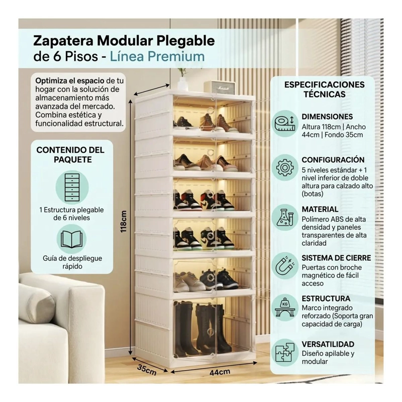 ORGANIZADOR DE ZAPATOS PLEGABLE CON 6 NIVELES Y PUERTA MAGNE TICA - 2