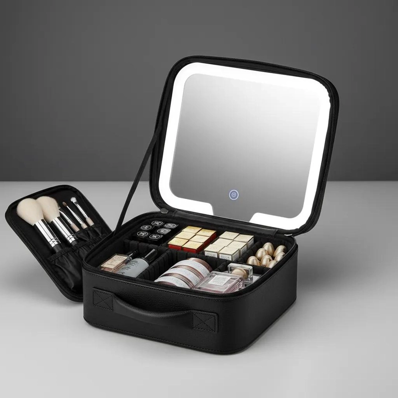 MALETIN PORTATIL PARA MAQUILLAJE CON ESPEJO Y LUZ LED INTEGRADA - 1