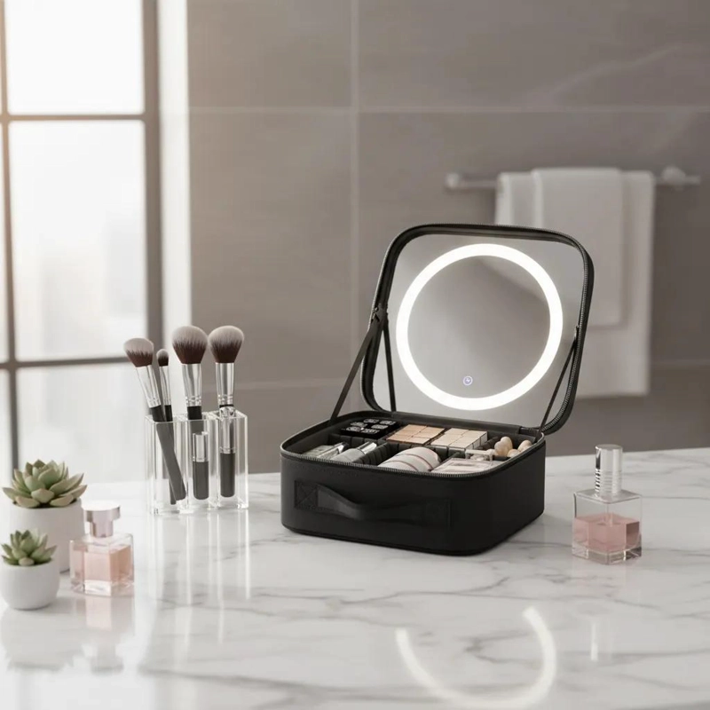 MALETIN PORTATIL PARA MAQUILLAJE CON ESPEJO Y LUZ LED INTEGRADA - 3