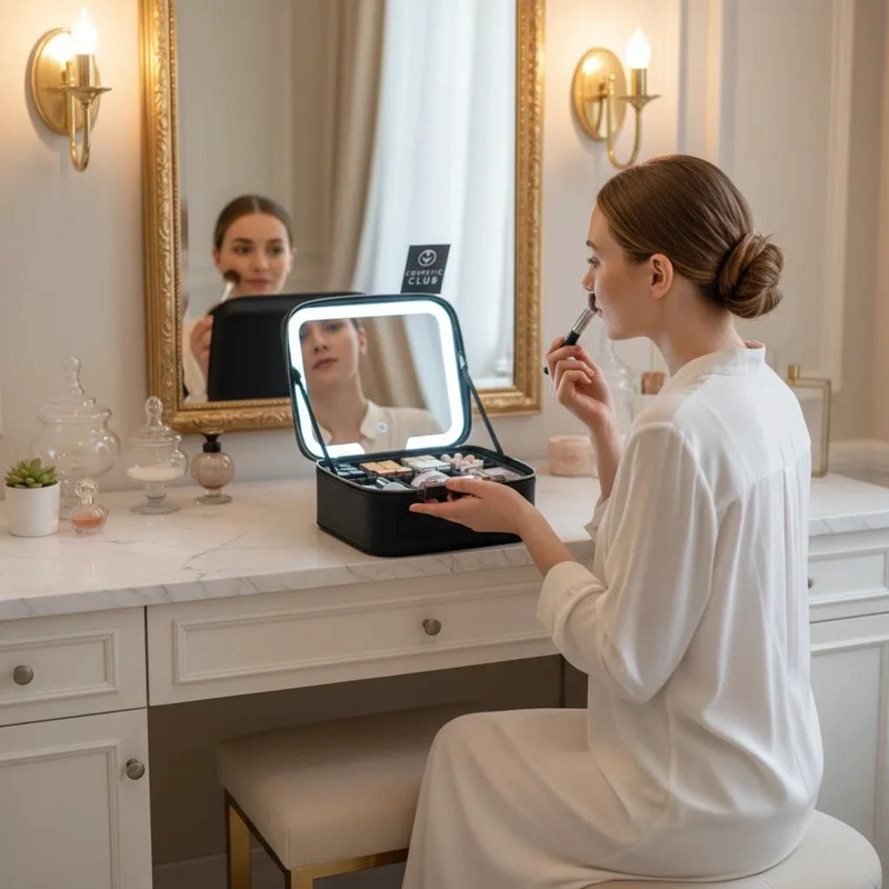 MALETIN PORTATIL PARA MAQUILLAJE CON ESPEJO Y LUZ LED INTEGRADA - 4