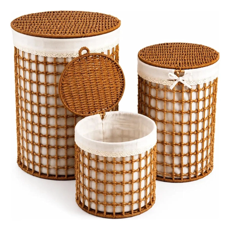 SET DE 3 CANASTOS ORGANIZADORES DE RATAN CON TAPA Y FORRO INTERIOR - 1
