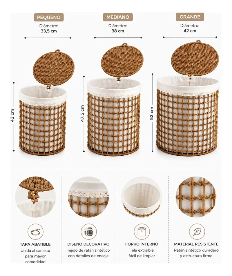 SET DE 3 CANASTOS ORGANIZADORES DE RATAN CON TAPA Y FORRO INTERIOR - 2